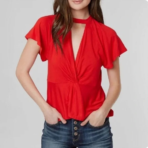 Free People Tops - ✨Free People Red Just A Twist Chocker Neck Short Sleeve Top Size S #A1